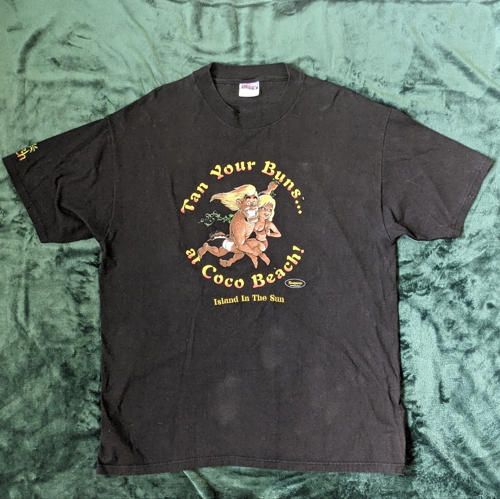 Vintage 96s Tee Tarzan Tan Your Buns At Cocoa Beach Hanes Beefy Men's T-Shirt XL